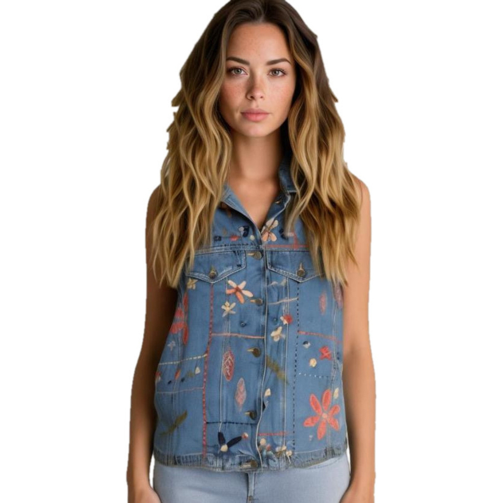 RARE Vintage Susan Bristol Denim Vest. Hand embroidered flowers & leaves Size 1X
